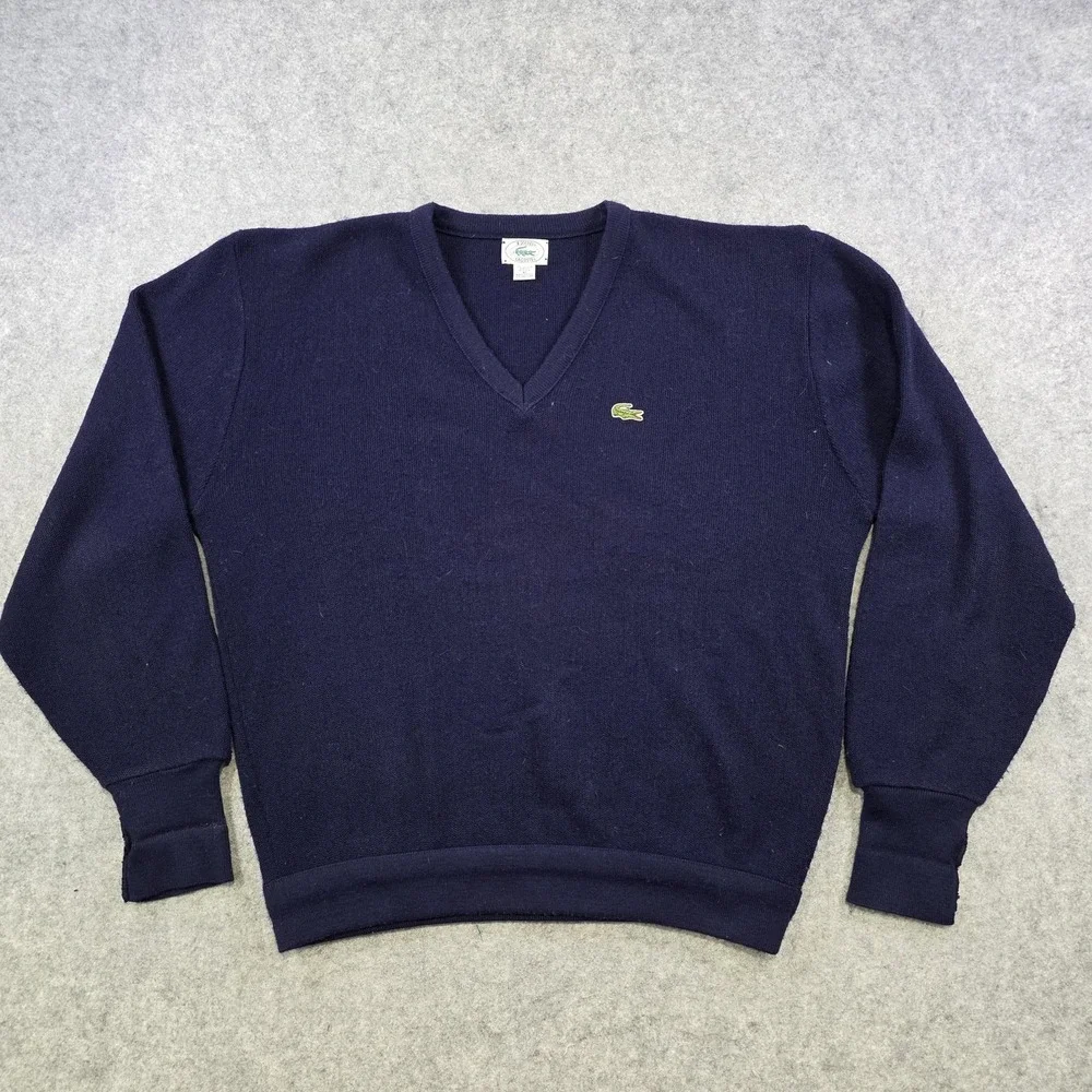 Vintage Izod Lacoste Sweater Mens XL Blue V Neck Knit Pullover Crocodile Logo